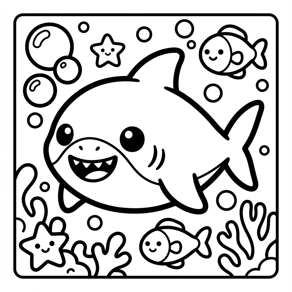 Cute smiling shark, a great beginner coloring pages choice with chunky line art coloring.